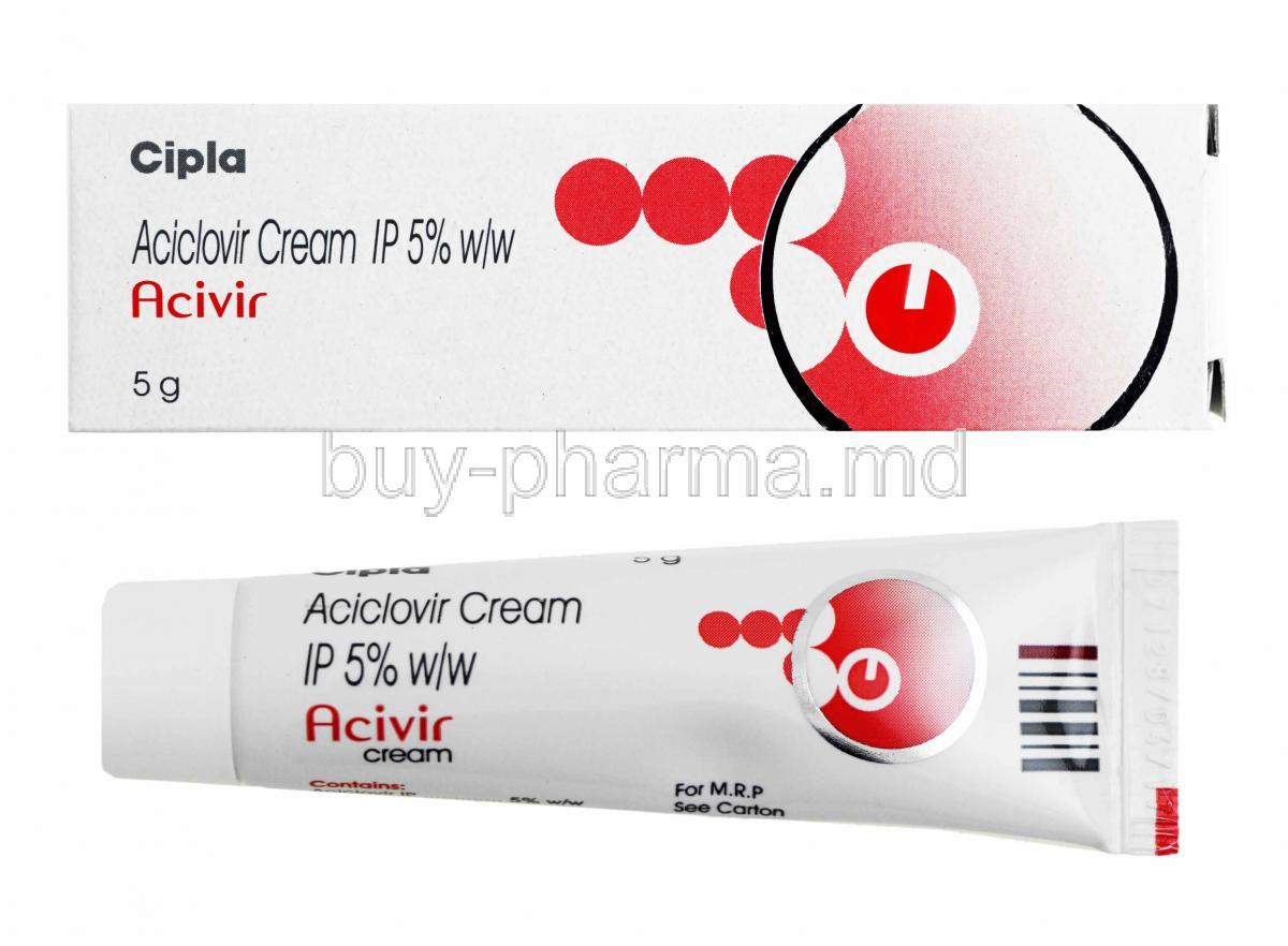 Acvir Cream, Acyclovir box and tube