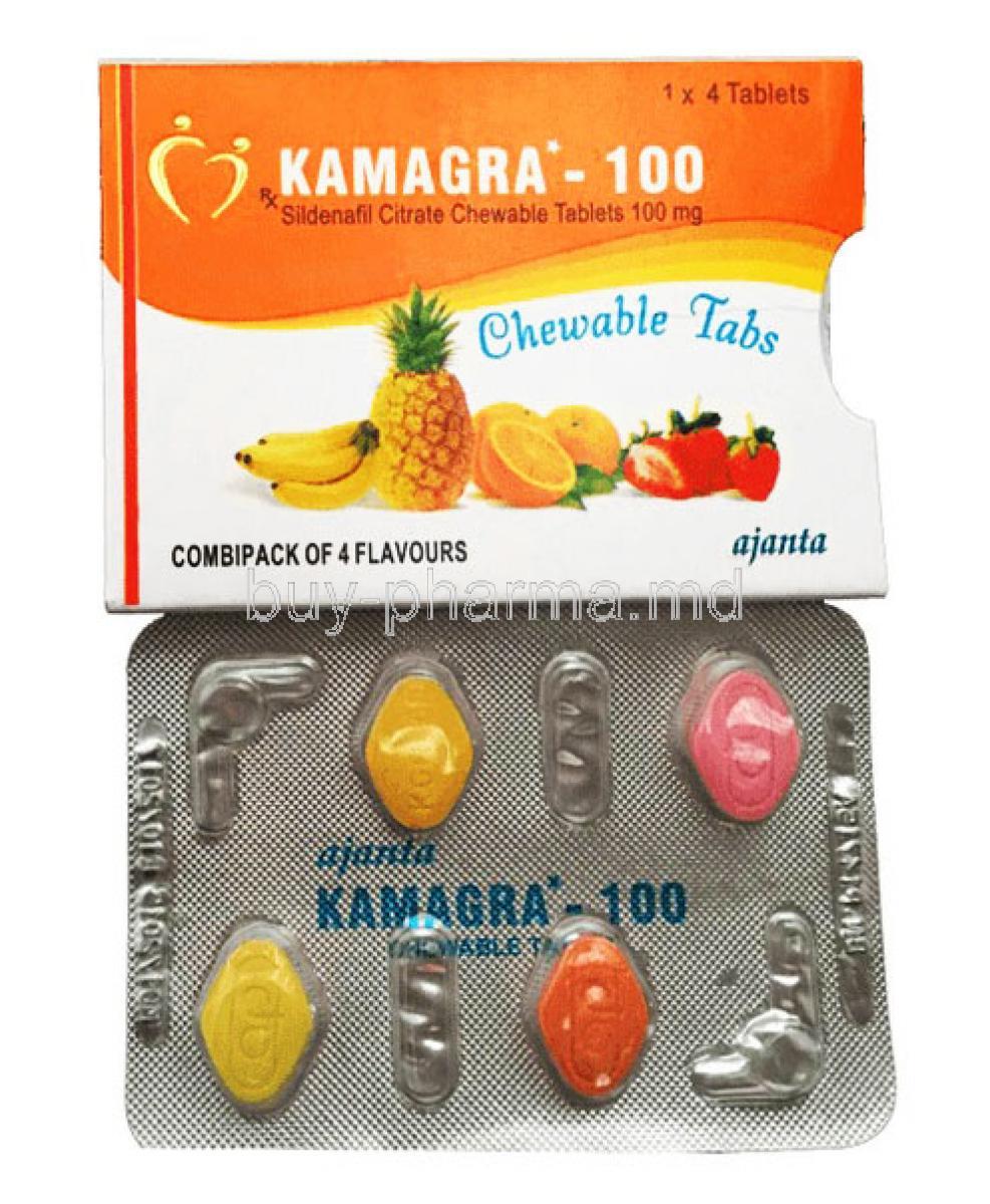 Kamagra Chewable 100mg box and tablets