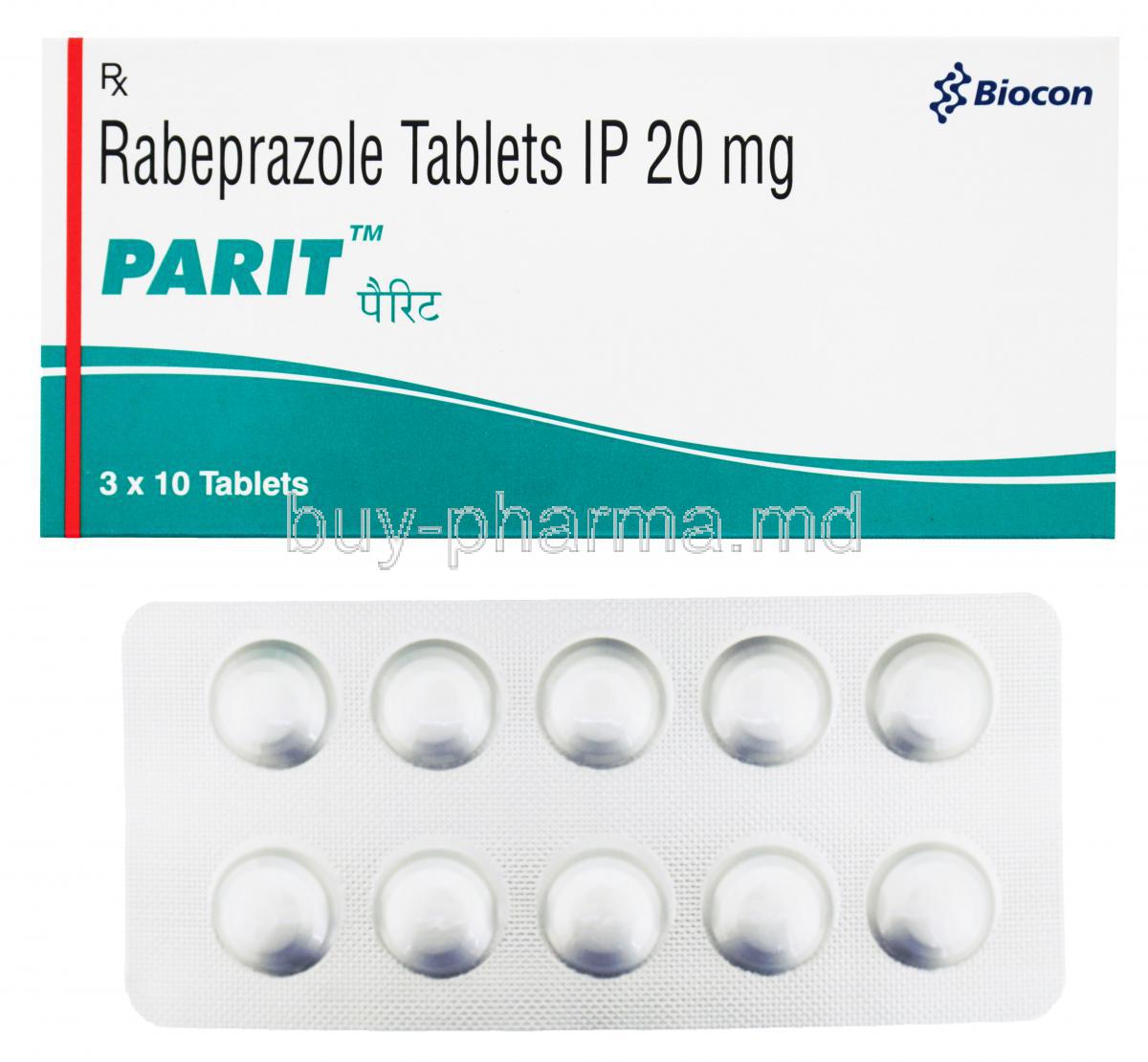 Parit, Rabeprazole tablets IP 20mg, 3 x 10 tablets, Biocon, box  and blister pack front presentation