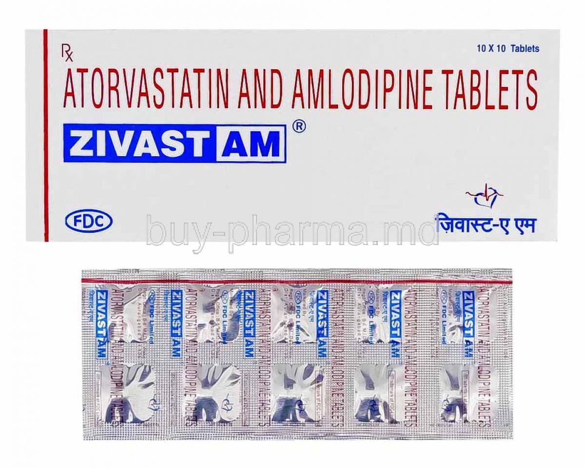 Zivast AM, Amlodipine and Atorvastatin box and tablets