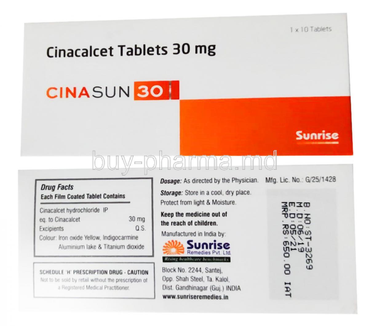 Cinacalcet Tablets 30 mg, CinaSun30, Sunrise, box front and back presentation