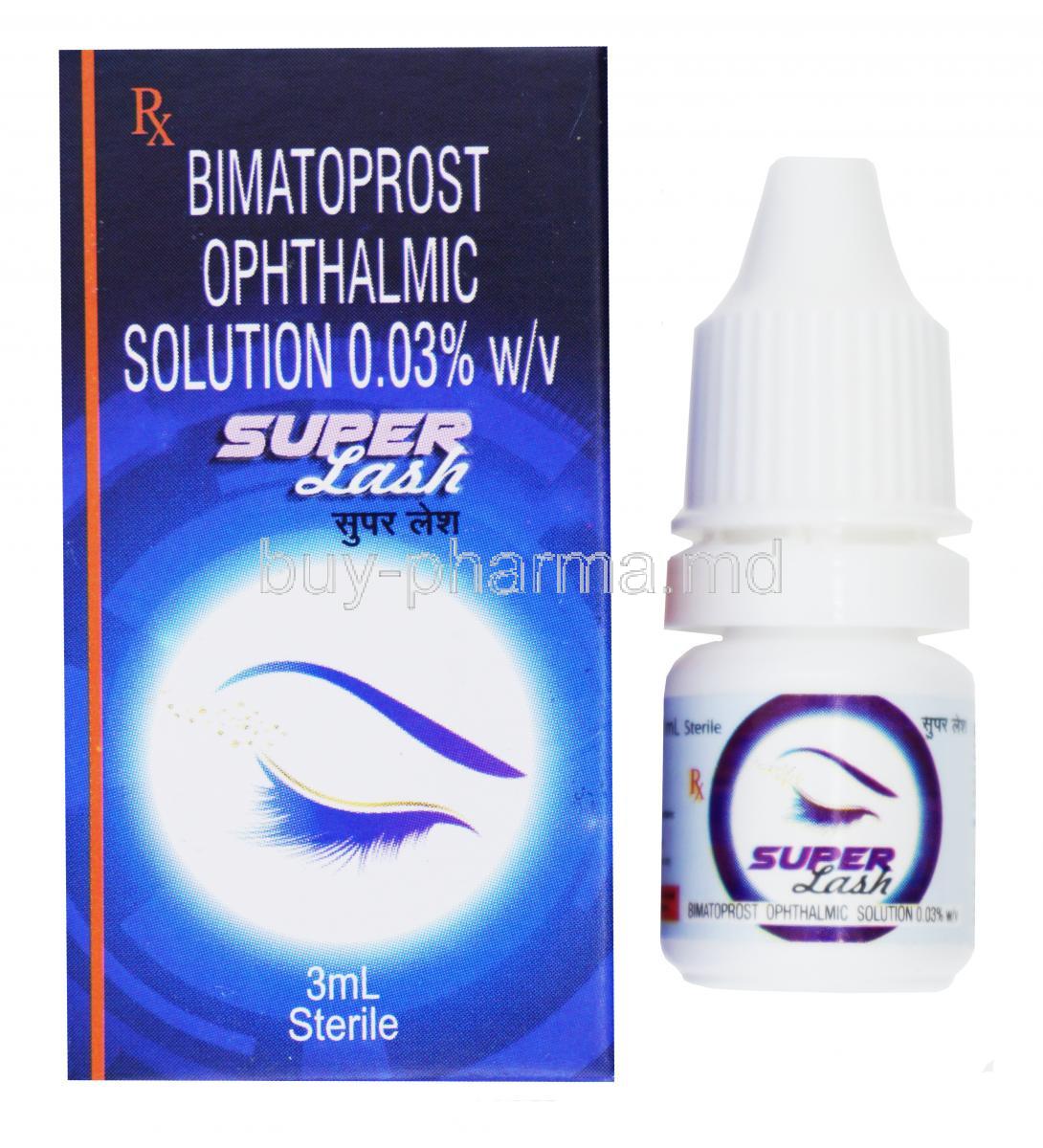 Super Lash, Bimatoprost Ophthalmic solution 0.03%, 3ml, box and bottle front presentation