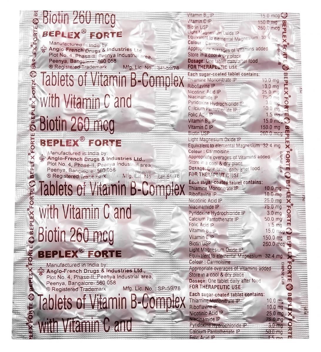 Beplex Forte, Vitamin B-Complex with Vitamin C and Biotin 260mcg Tablet Blister Pack