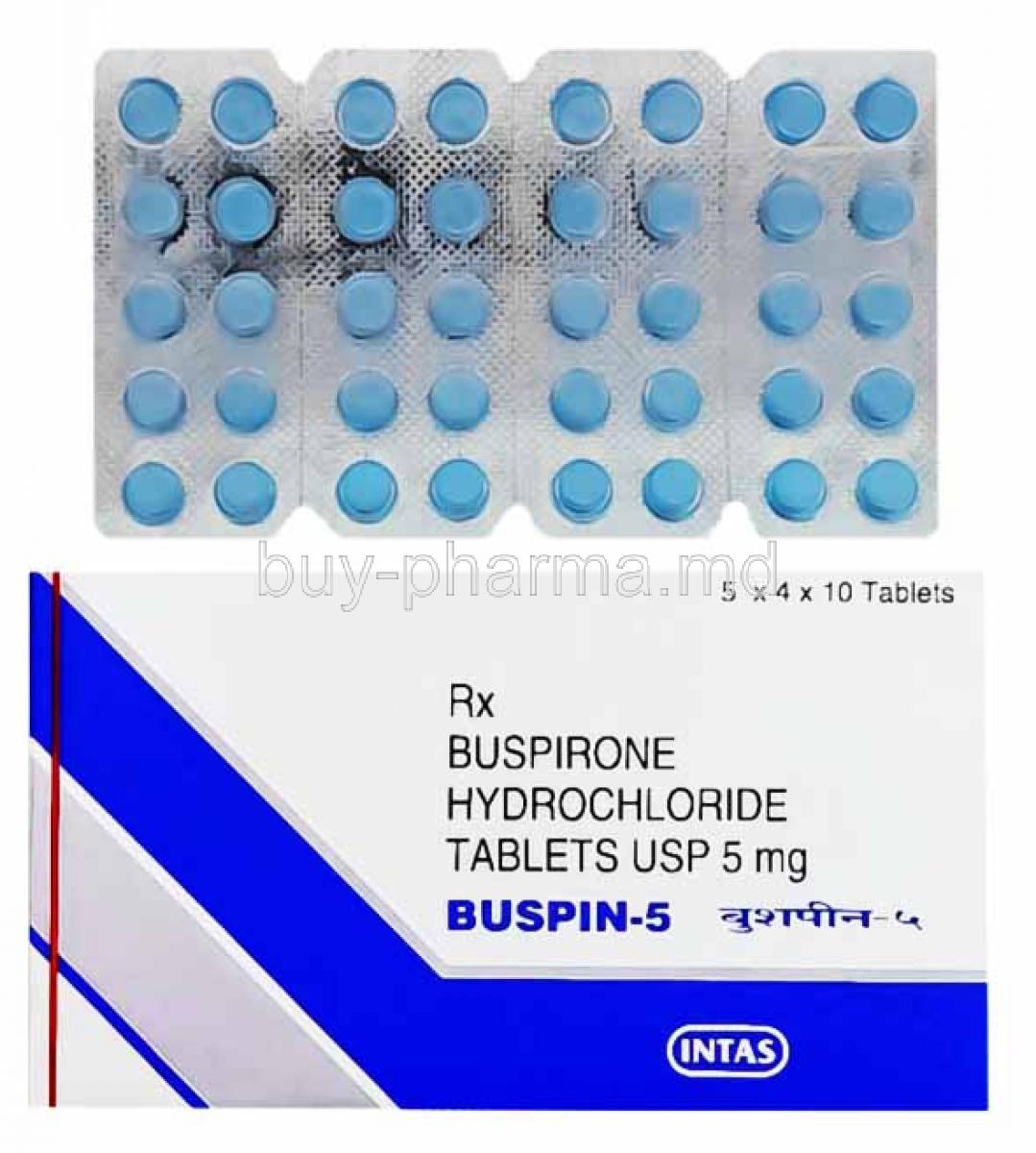 Buspin, Buspirone 5mg box and tablets