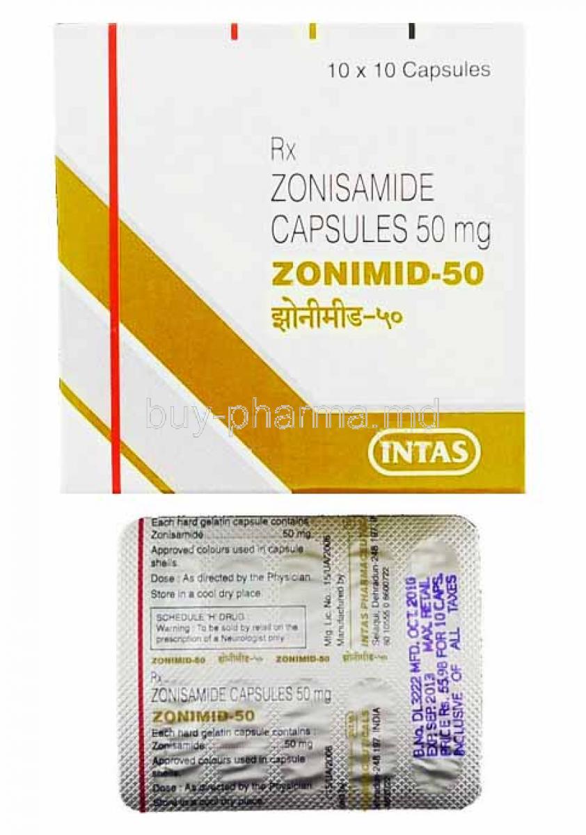 Zonimid, Zonisamide 50mg box and capsules