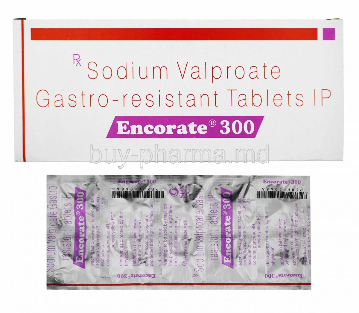 Encorate, Valproic Acid 300mg box and tablets