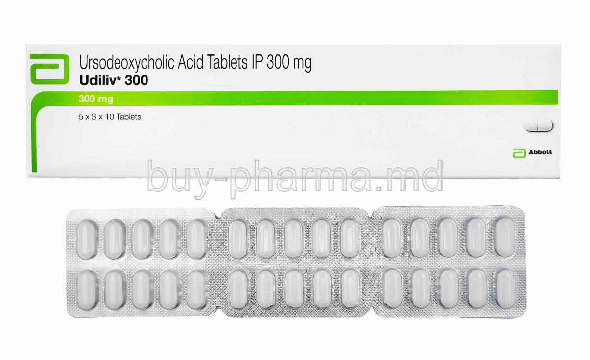 Udiliv, Ursodesoxycholic Acid 300mg tablets and box
