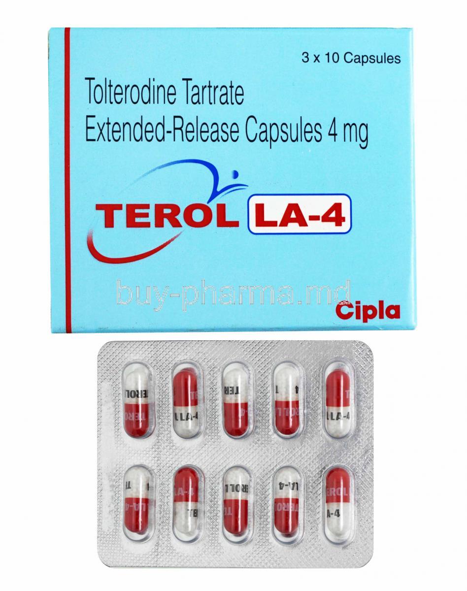 Terol LA, Tolterodine Tartrate 4mg box and capsules