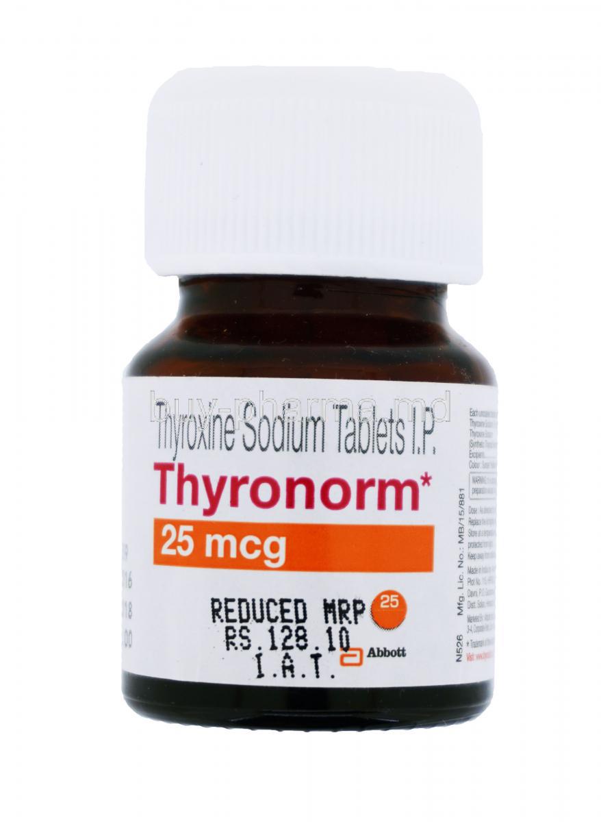 Thyronorm, Thyroxine Sodium Tablets I.P., 25mcg, Abbott, Bottle front presentation