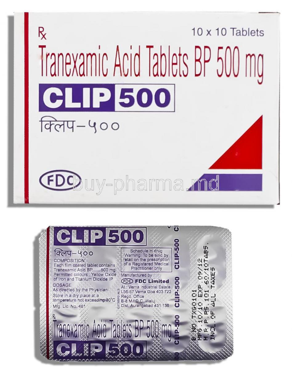 Clip, Tranexamic acid, 500 mg Tablet (FDC)