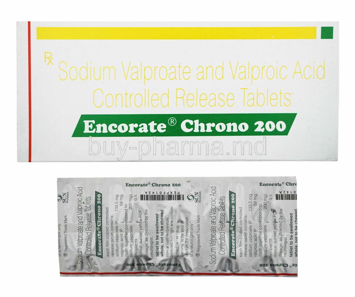 Encorate Chrono, Sodium Valproate 133.5mg and Valproic Acid 58mg box and tablets