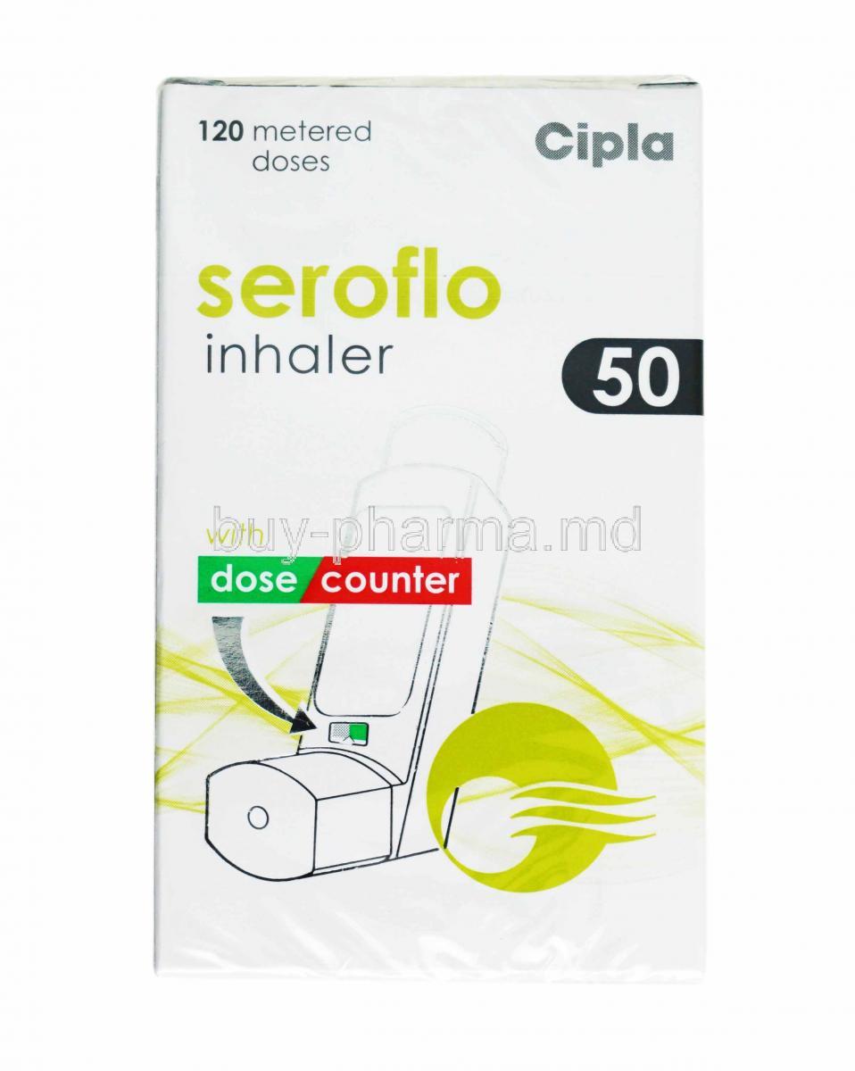 Seroflo Inhaler, Salmeterol 25mcg and Fluticasone Propionate 50mcg box