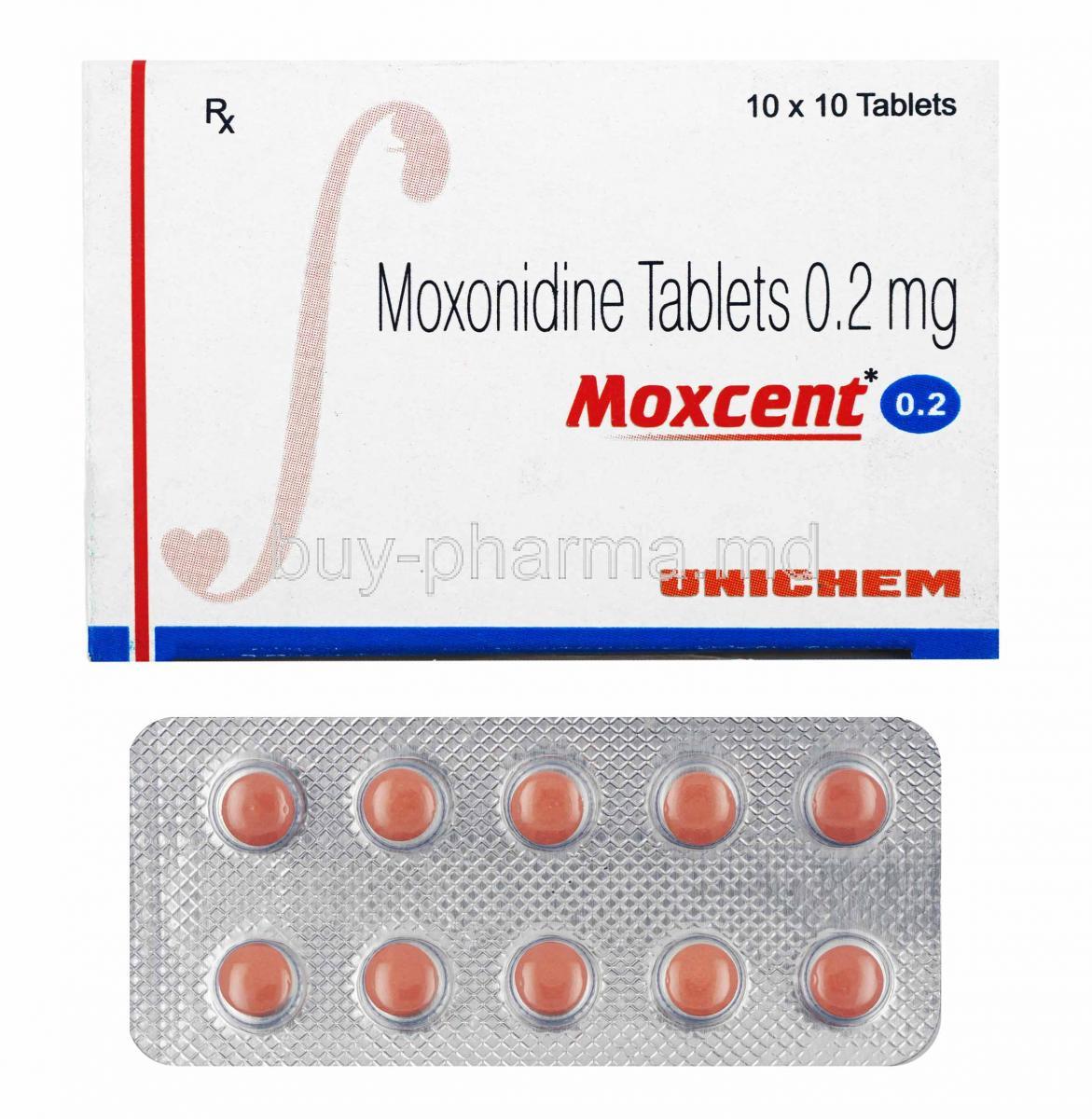 Moxcent, Moxonidine 0.2mg box and tablets