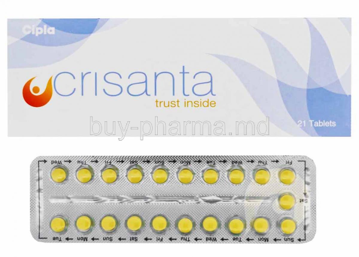 Crisanta, Drospirenone and Ethinyl Estradiol box and tablets
