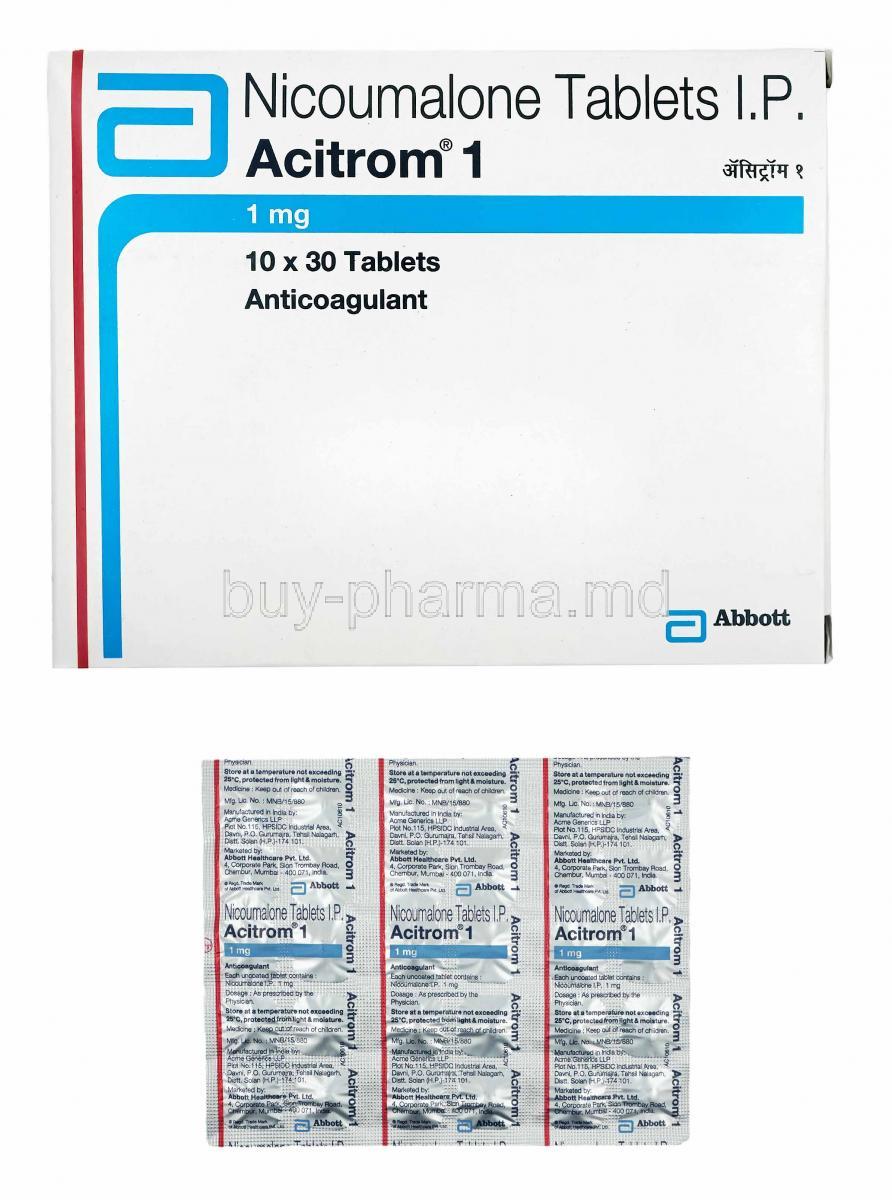 Acitrom, Nicoumalone 1mg box and tablets
