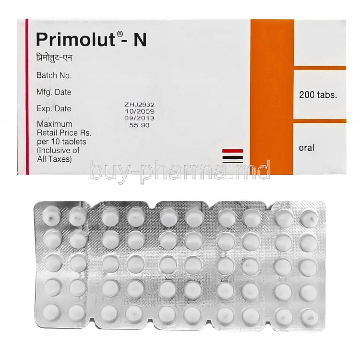 Primolut N, Norethisterone box and tablets