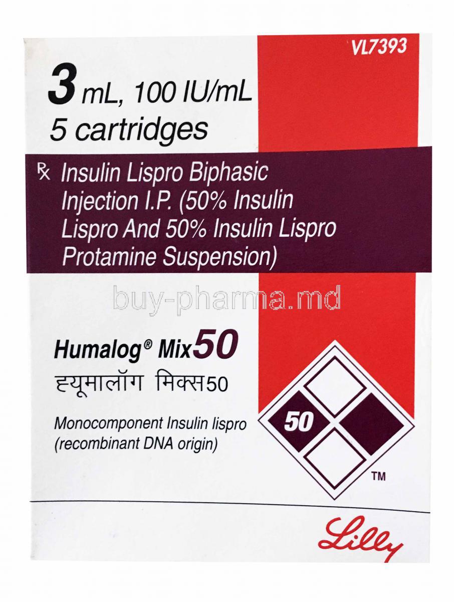Humalog Injection Cartridge, Monocomponent Insulin Lispro, 3ml, 100IU/ml, 5 cartridges, 50, box front presentation