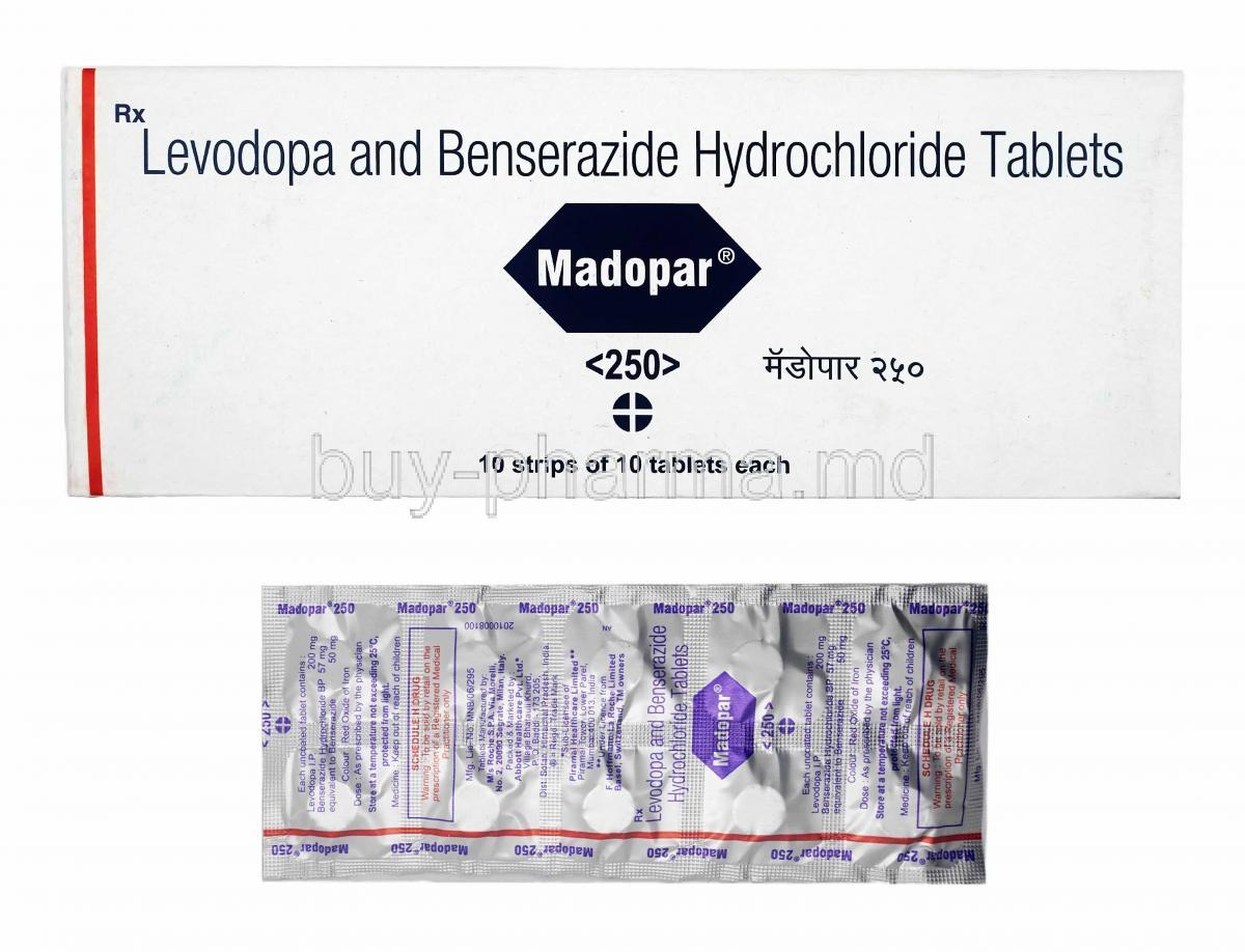 Madopar, Levodopa and Benserazide 250mg box and tablets