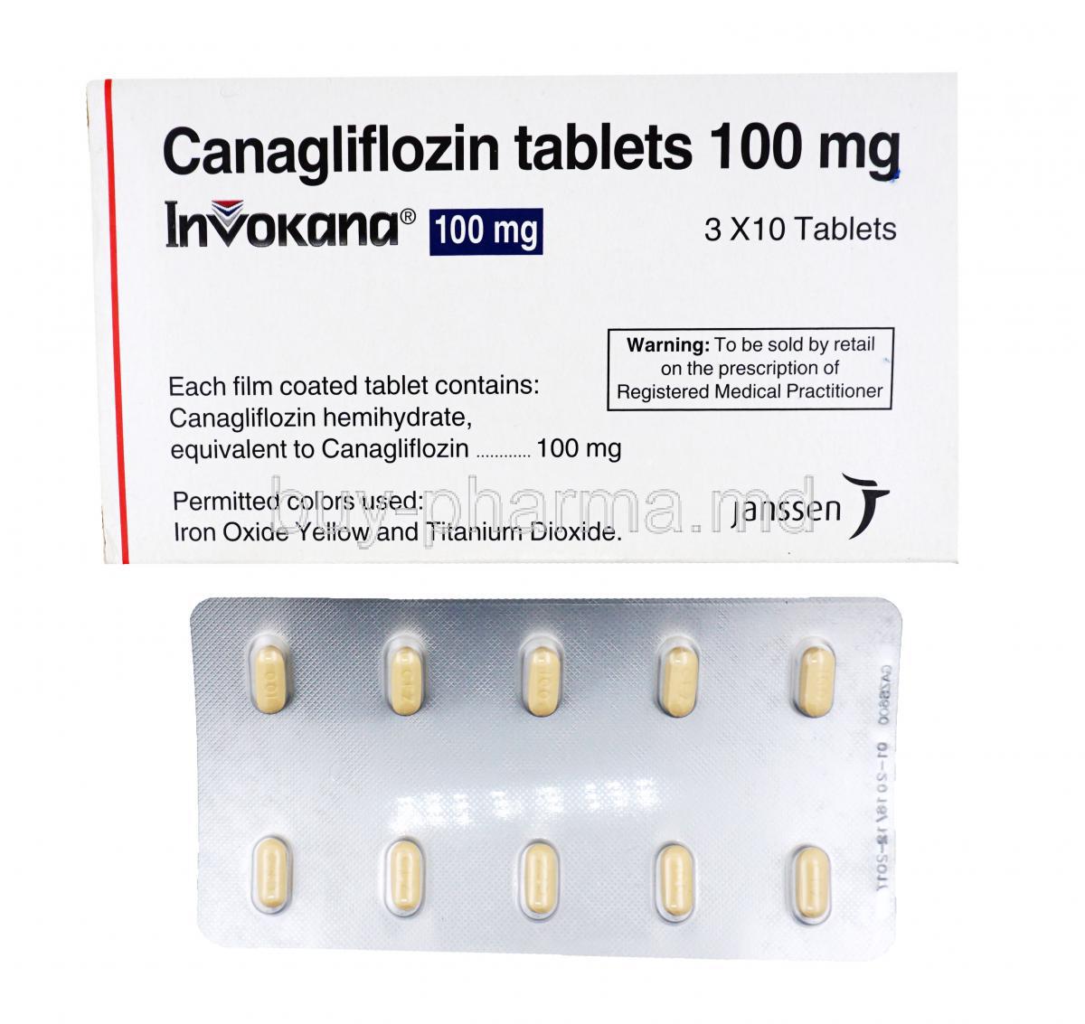 Invokana, Canagliflozin, Canagliflozin, 3x 10 tabs 100mg, Janssen, Box and blister pack front presentation, contents of tablets, warning label.