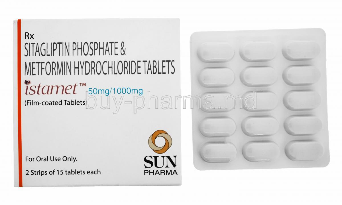 Istamet, Sitagliptin Phosphate & Metformin Hydrochloride Tablets, Istamet 50mg/1000mg, Sun Pharma, Box Front presentation, with blister pack