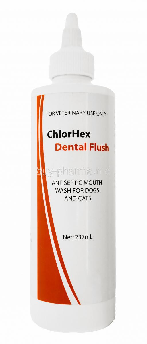 Chlorhex dental Flush, Antiseptic mouthwash for dogs and cats, net 237ml, for veterinary use only, bottle front view