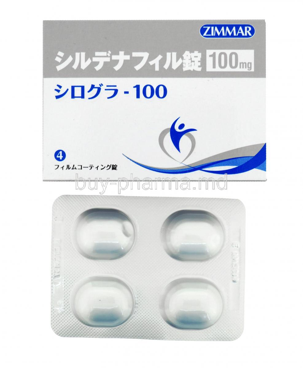 Silogra, Sildenafil, 100mg, 4tabs, Zimmar, Box and blister pack front presentation