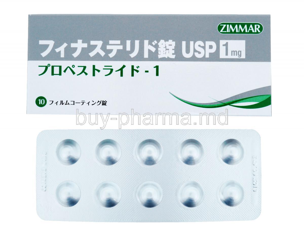 Propestride, Finasteride, 1mg, 10 tabs, Zimmar,Box and Blister pack front presentation