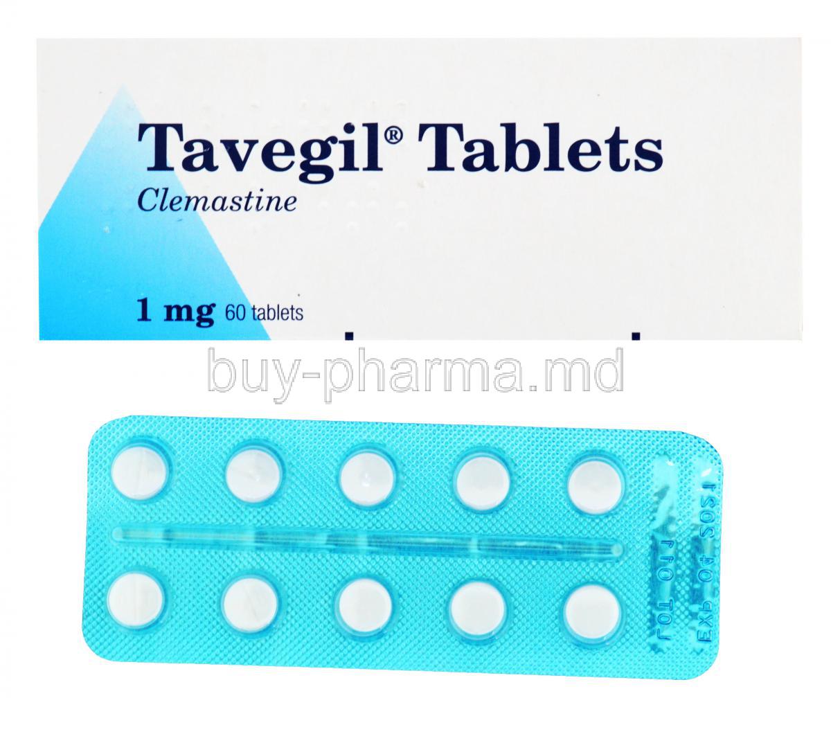 Tavegil, Clemastine, 1mg 60 tabs, Box and blister pack front presentation