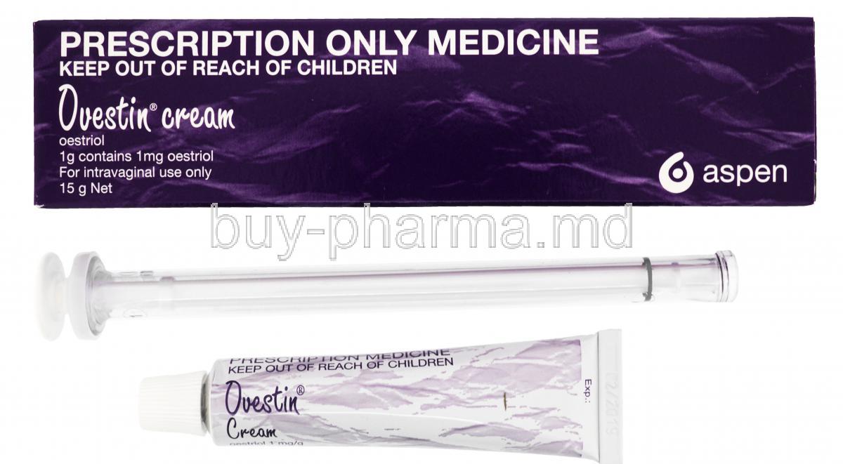 Ovestin Vaginal Cream, Oestriol, 1g, 1mg Oestriol, 15g, Aspen, Box , applicator and cream tube front presentation