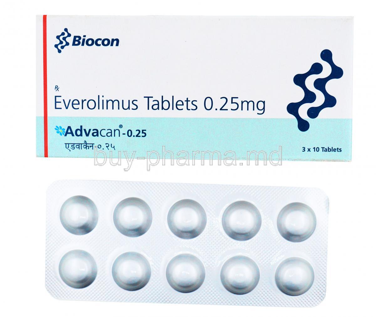 Advacan, Everolimus, 0.25mg, 3x10 tablets, Biocon, Box front presentation with blister pack
