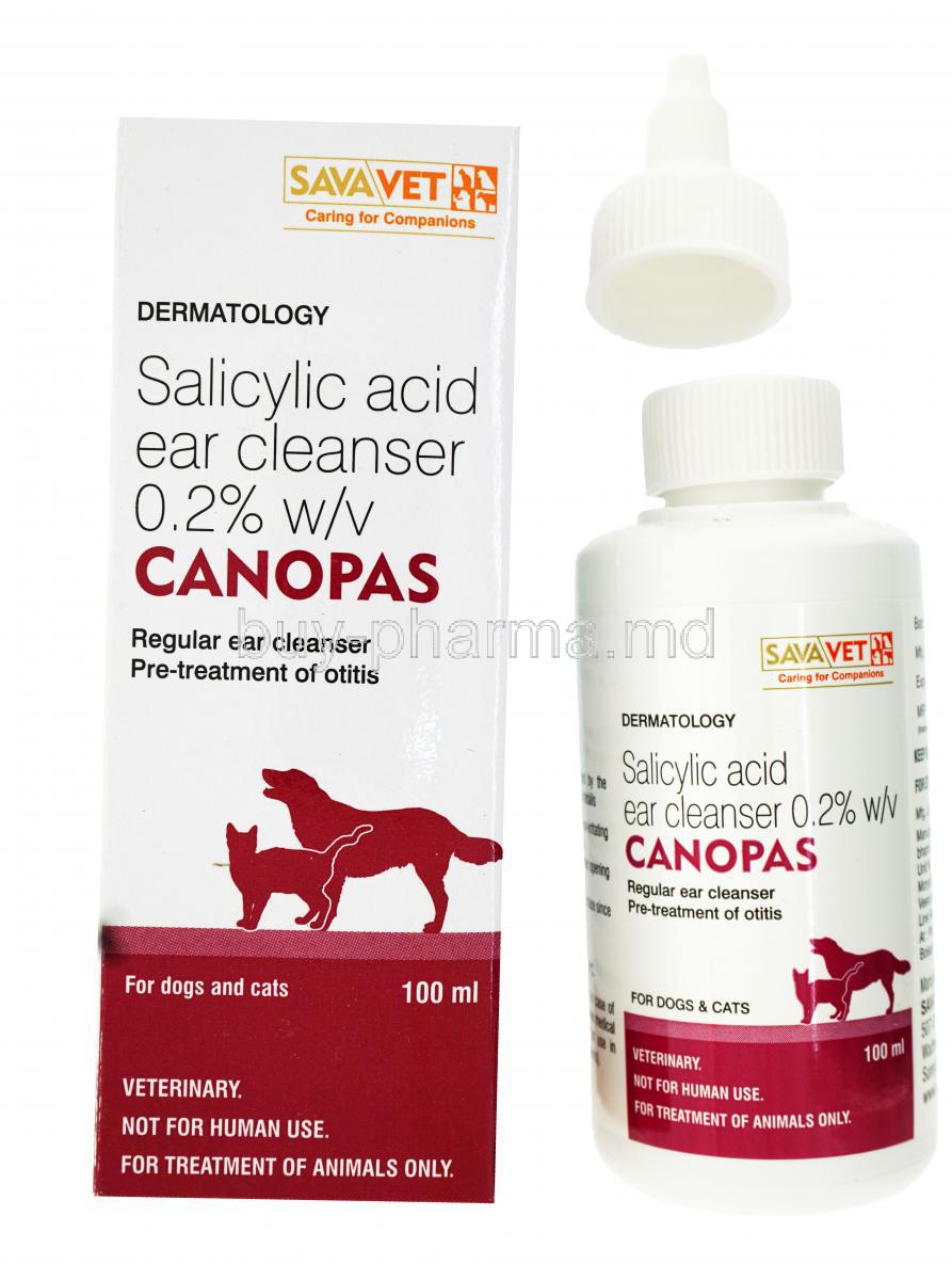 Canopas, Salicyclic Acid Ear Cleanser,Canopas, SAVA Vet, 0.2% 100ml, box and bottle front view,