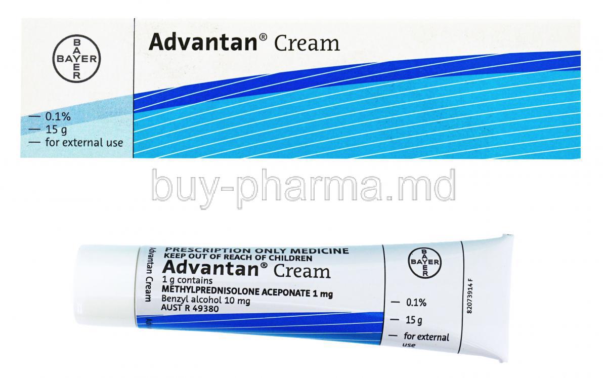 Advantan Ointment/cream, Methylprednisolone Aceponate, 0.1% 15g, box and tube front presentation, Bayer.