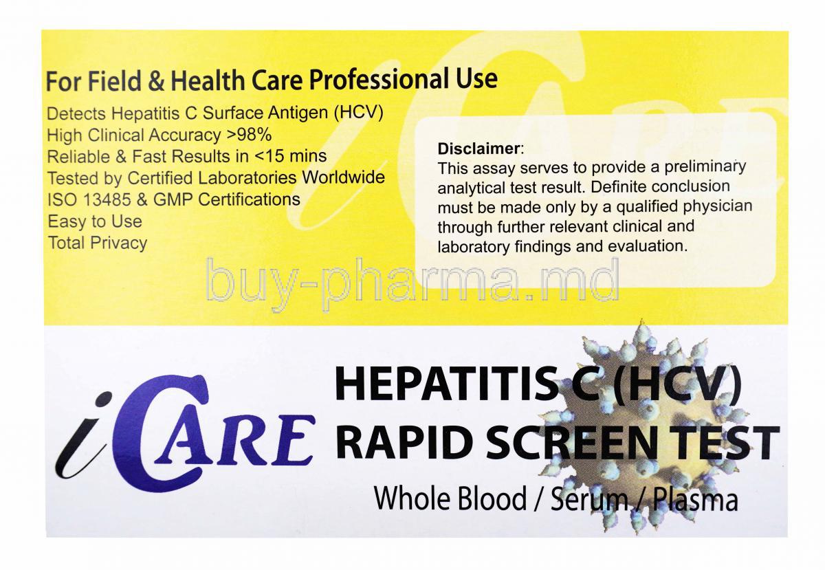 iCare Hepatitis C (HCV) Rapid Screen test kit, Whole Blood/ Serum/ Plasma, Box front presentation with disclaimer label