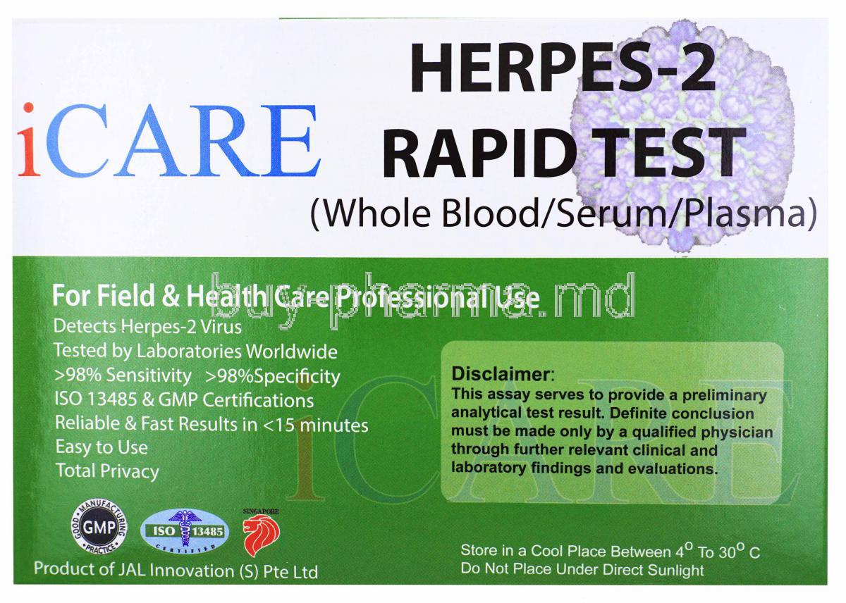 iCare Herpes II Rapid test, Whole blood/ Serum/ Plasma, Box front presentation with disclaimer label and information