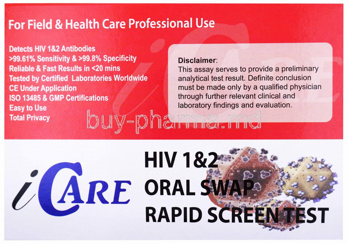 iCare HIV 1&2 Oral Swab Rapid Screen Test Kit, Box front presentation with disclaimer label and information.