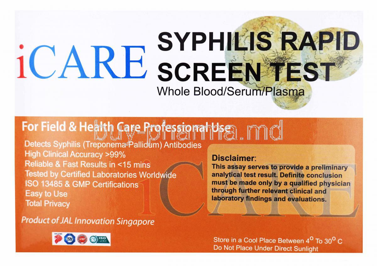 iCare Syphilis Rapid Screen Test Kit, Whole Blood/ Serum/ Plasma, Box front presentation with disclaimer label and information.