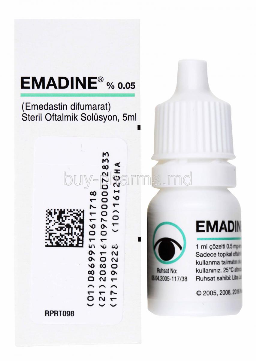 Emadine, Emedastine Eyedrops, 0.05% 5ml, box and eyedrop tube front presentation.