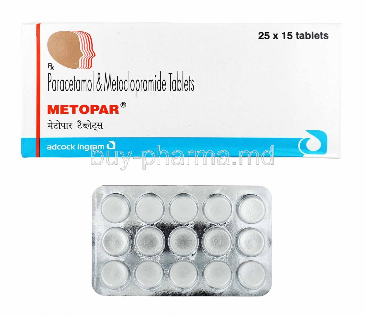 Metopar, Metoclopramide and  Paracetamol 500mg box and tablets