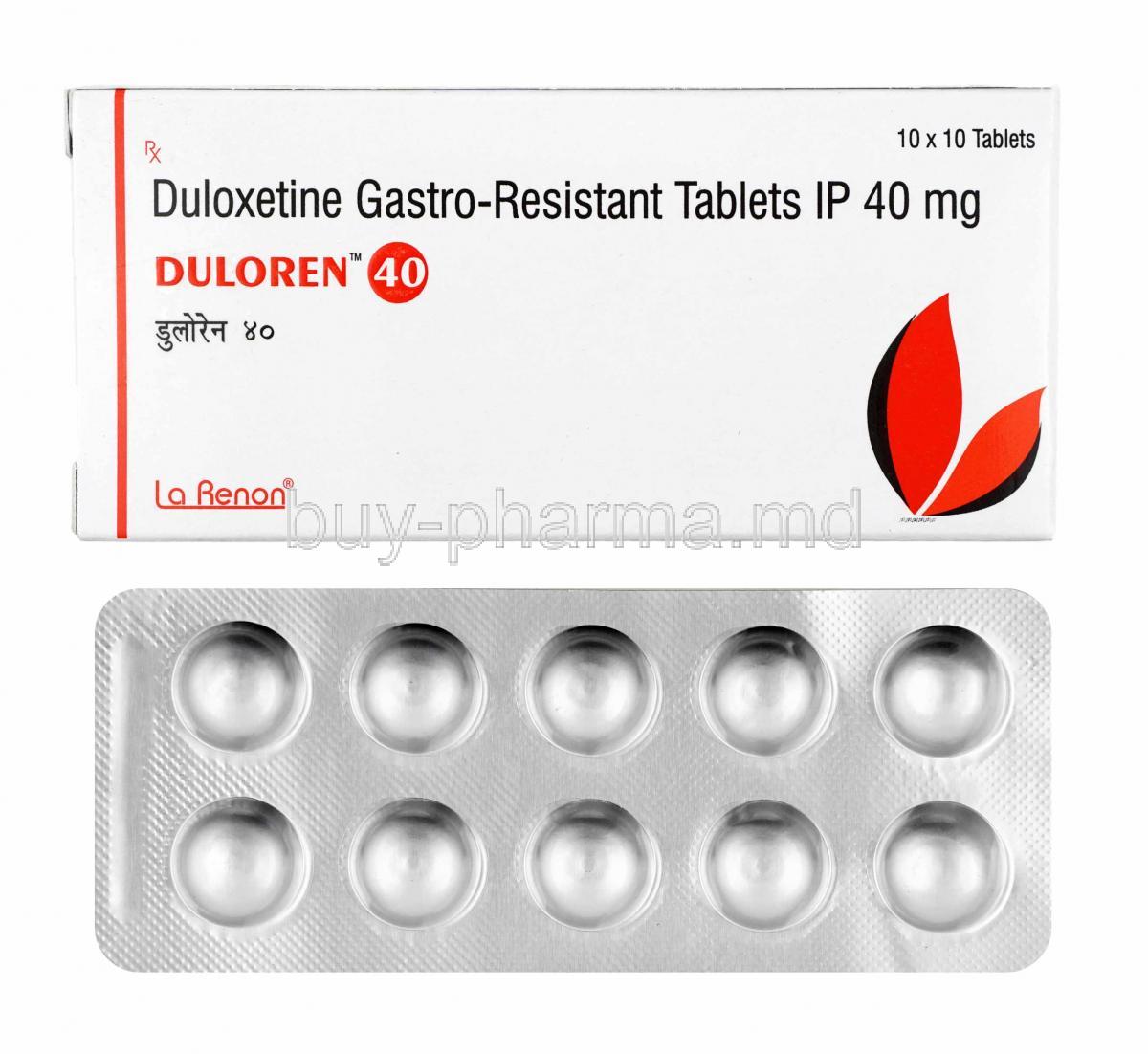 Duloren, Duloxetine 40mg, box and tablets