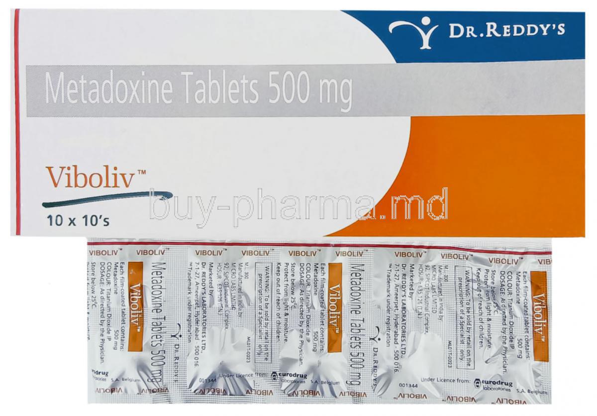 Viboliv, Metadoxine 500 mg Tablets and box