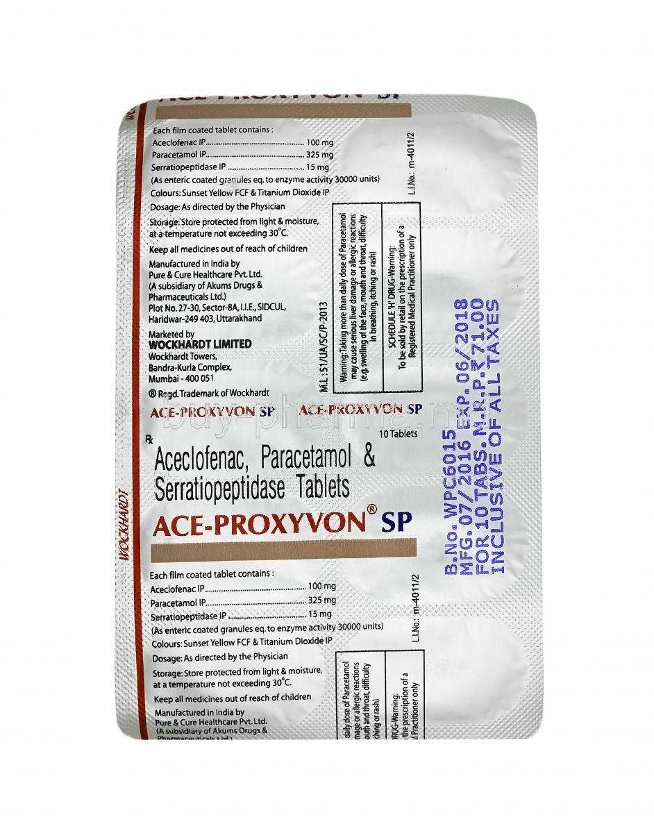 Buy Ace Proxyvon Sp Aceclofenac Paracetamol Serratiopeptidase
