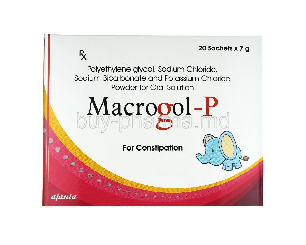 Macrogol P Powder, Polyethylene glycol, Sodium chloride, Sodium bicarbonate and Potassium chloride