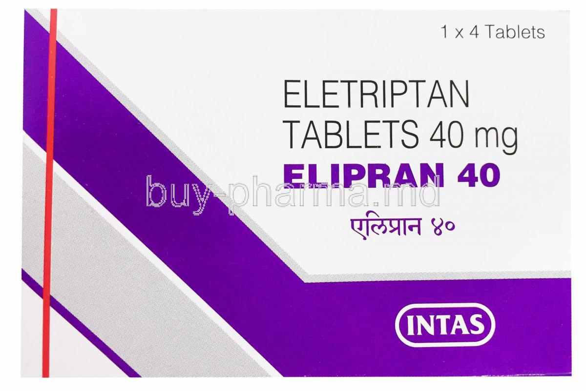 Generic Relpax, Elipran, Eletriptan Tablets 40 mg, 1 x 4 tablets, Intas, Box front presentation