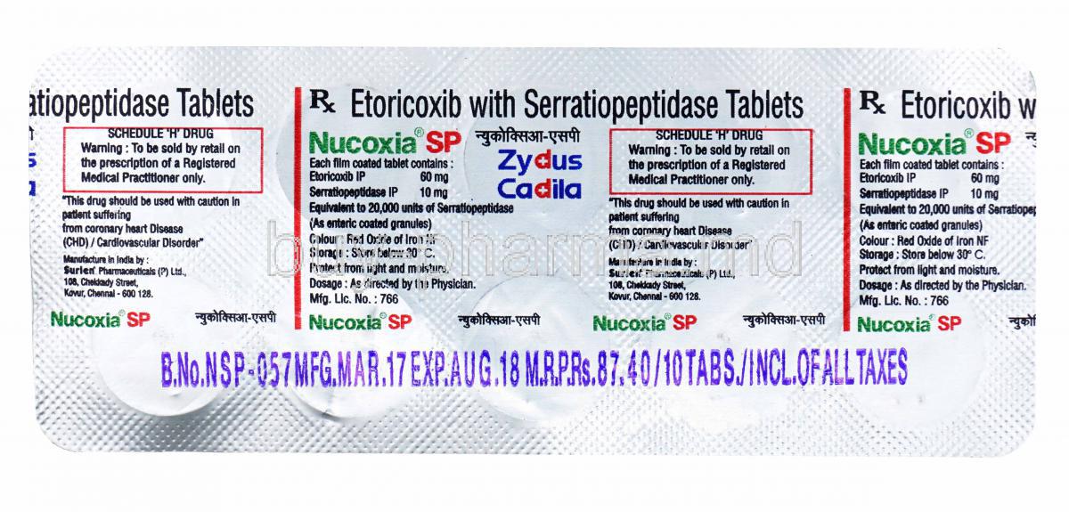 Serratiopeptidase/ Etoricoxib Tablet, Nucoxia SP, Zydus Cadila, blister pack back presentation