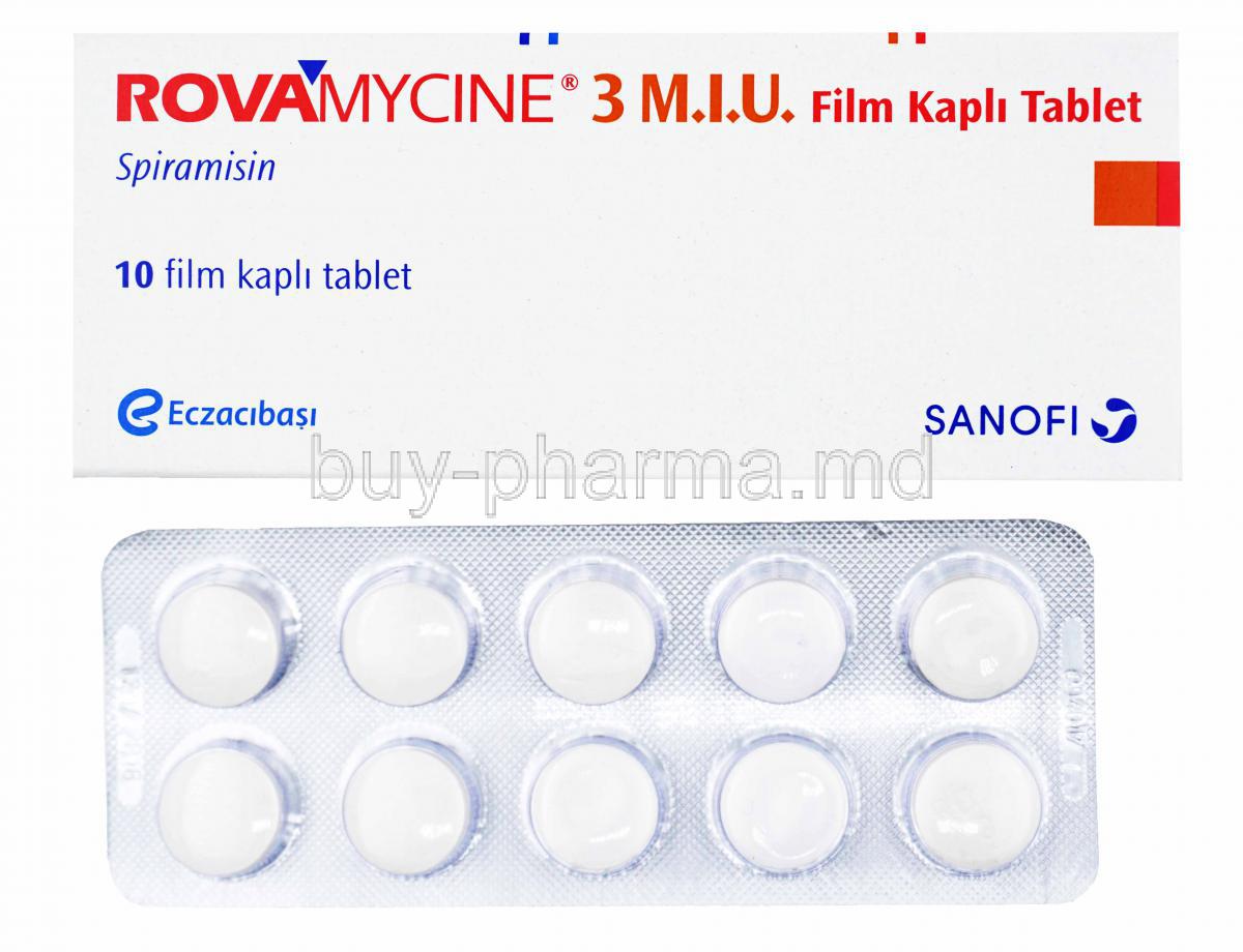 Rovamycine, Spiramycin, 3M.I.U, 10 tabs, Sanofi, Box and blister pack front presentation