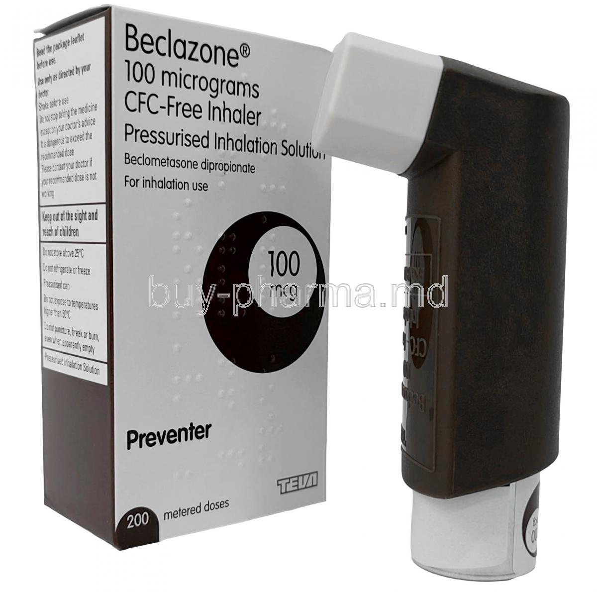 Beclazone, Beclomethasone Inhaler 200MD, box and inhaler pump