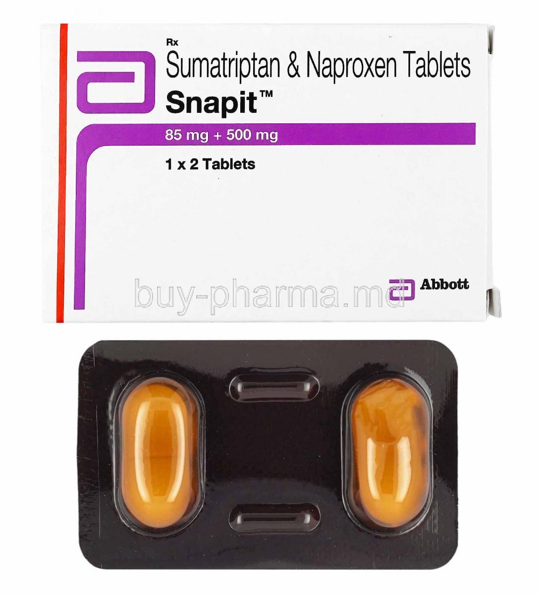 Snapit, Sumatriptan and Naproxen box and tablets