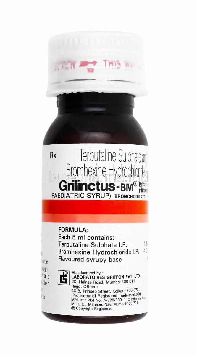 Grilinctus BM Paediatric Syrup, Terbutaline and Bromhexine bottle