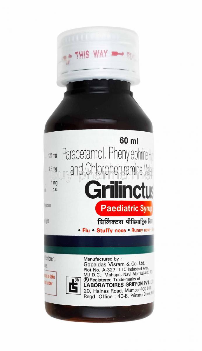 Grilinctus Pediatric Syrup, Chlorpheniramine, Paracetamol and Phenylephrine bottle