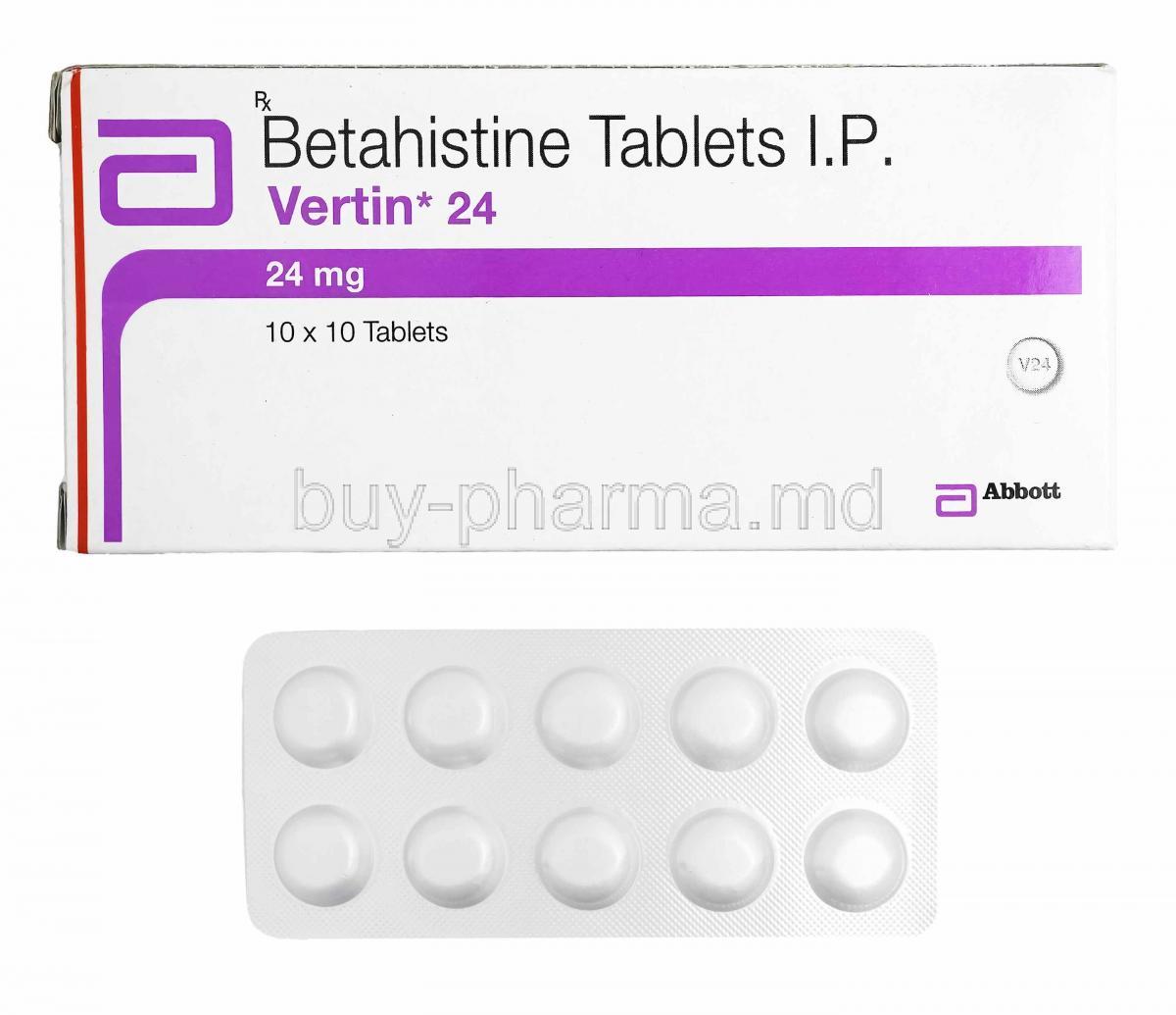 Vertin, Betahistine 24mg box and tablets